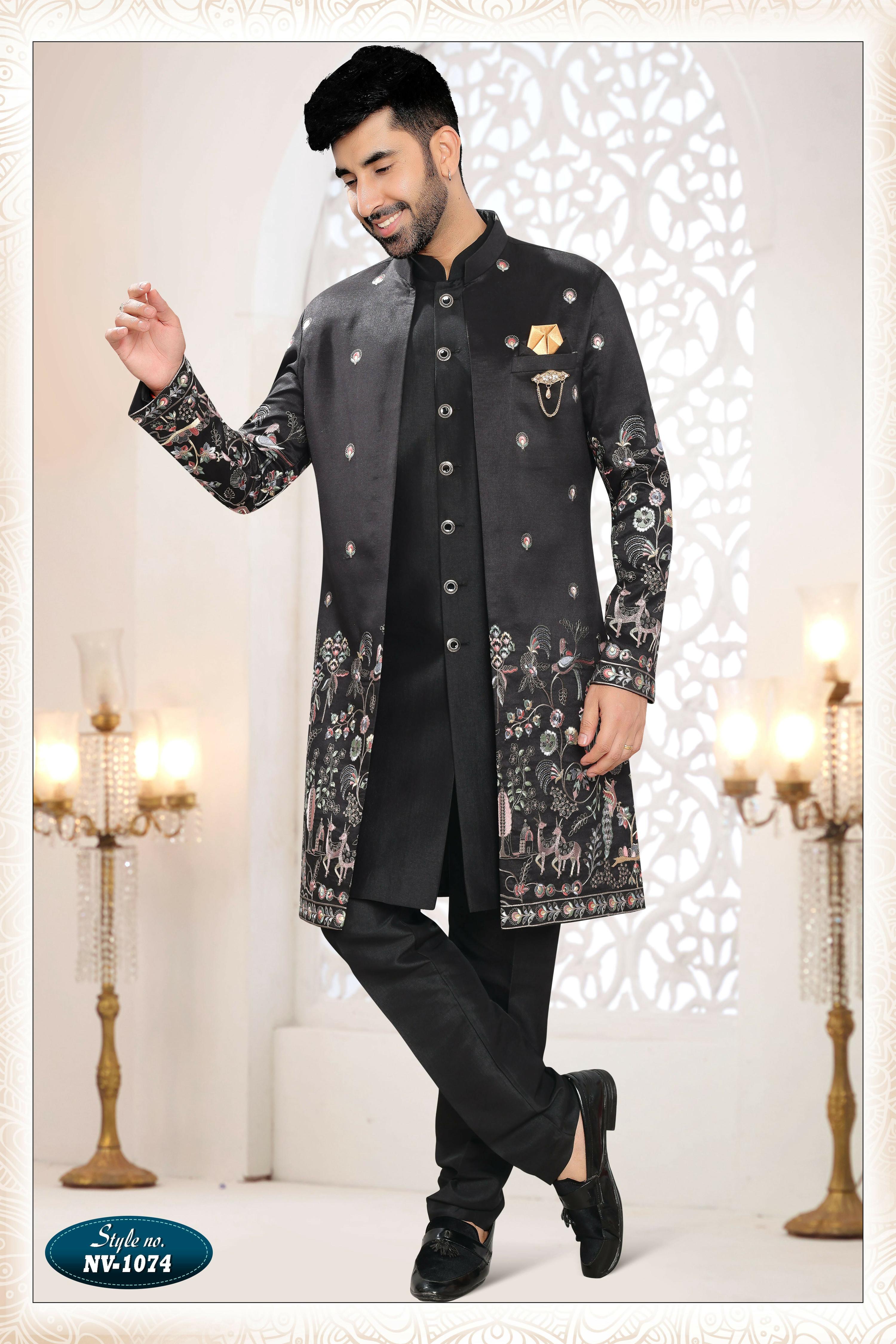 Joban Fashion Men's Black Straight Silk Thread And Sequence Embroidery All Over 3 Pc Kurta Set