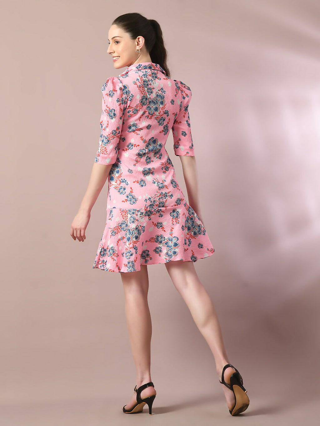 Myshka Women's Pink Printed Shirt Collar Fit and Flare Party Dress - Distacart