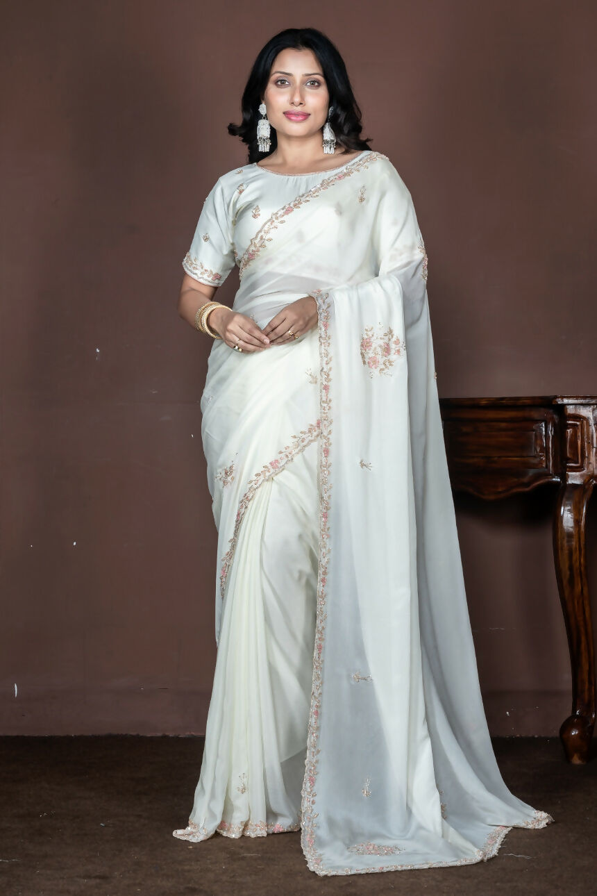 Morchari Off White Chiffon Hand Embroidery Saree And Stitched Blouse - Distacart