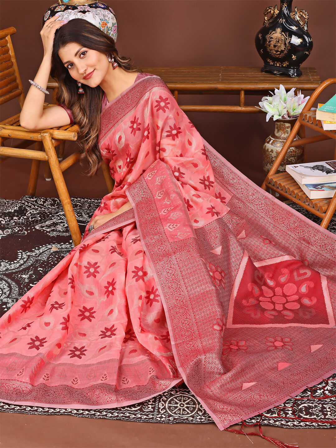 Shree Shyam Fashion Sajni Peach Linen Cotton Saree