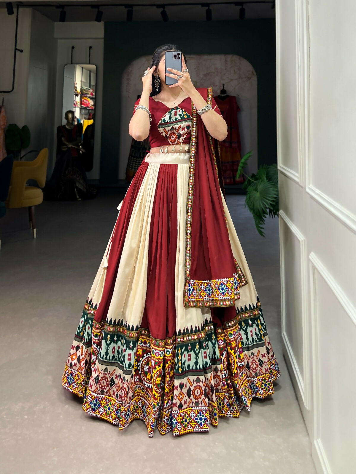 Vastranavya Navaratri Special Rayon with Printed Patch With Gota Patti And Paper Mirror Work And Cowrie (Kodi) Lace Touch Up Lehenga with Stitched Blouse - Off White