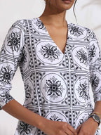 trueBrowns White Cotton Geometric Print Angrakha Kurta Set - Distacart