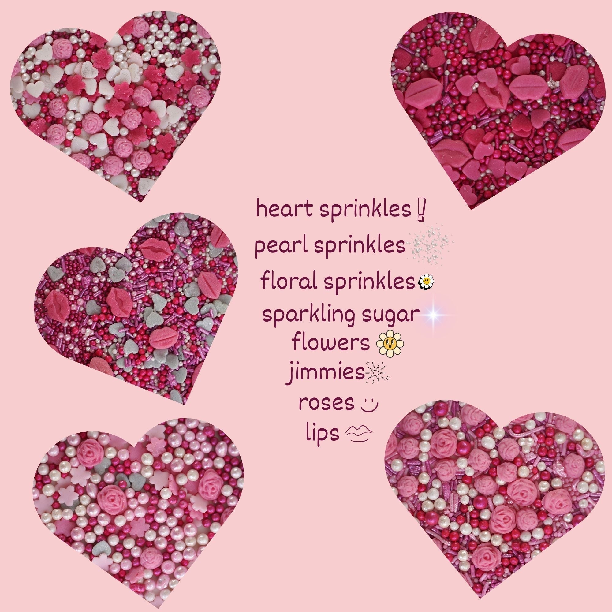 confect pink mini roses lips i silver hearts vermicelli and white pearls sprinkles for baking cake decorative mix pack of 5
