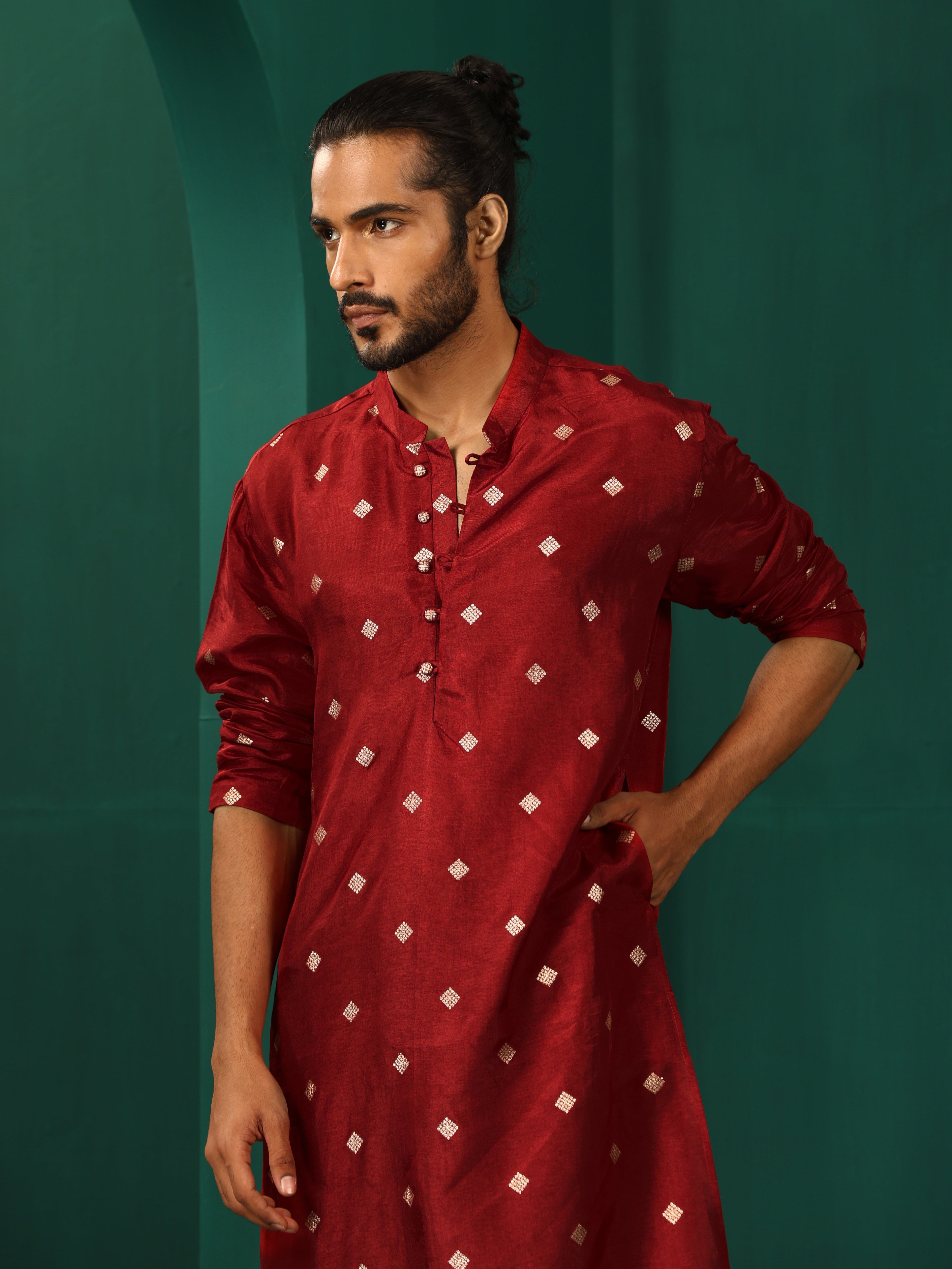 trueBrowns Men's Maroon Diamond Viscose Silk Long Kurta