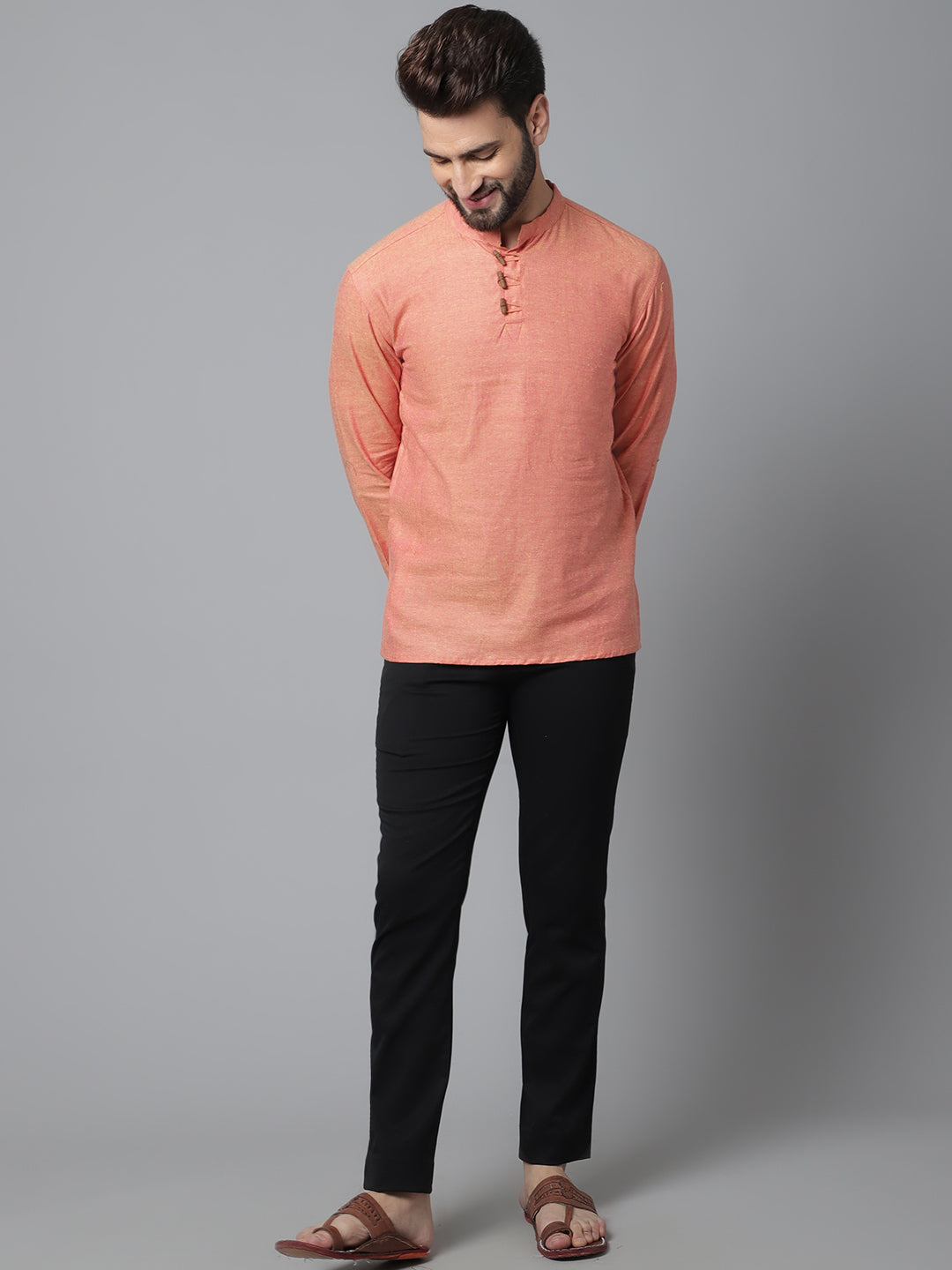 Even Apparels Orange Pure Cotton Kurta With Band Collar - Distacart