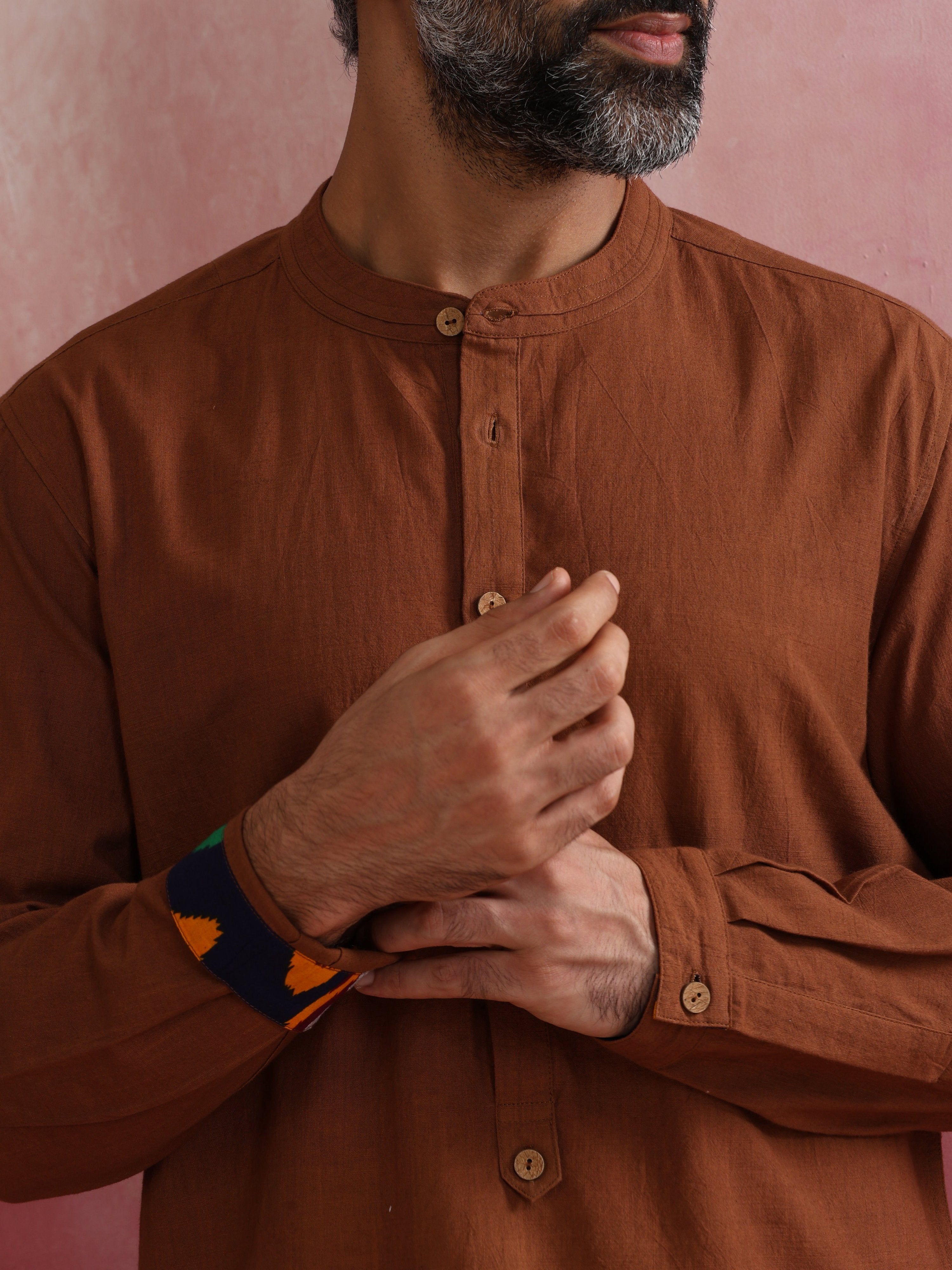 trueBrowns Men's Brown Cotton Mandarin Collar Stylized Kurta