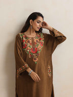 trueBrowns Brown Kashmiri Floral Embroidered Woollen Phiran Kurta - Distacart