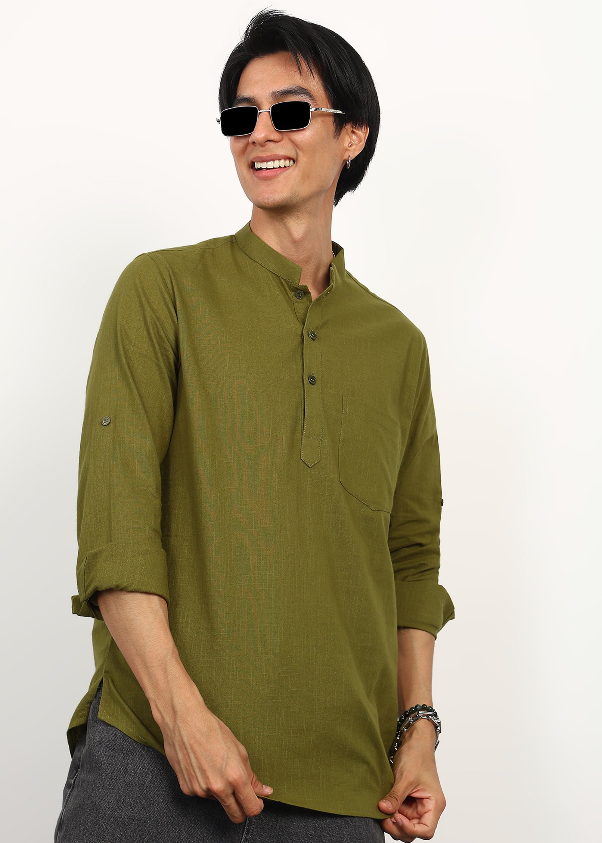 Fabmade Olive Still Linen Kurta