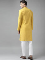 Fabmade Men Yellow Cotton Linen Kurta