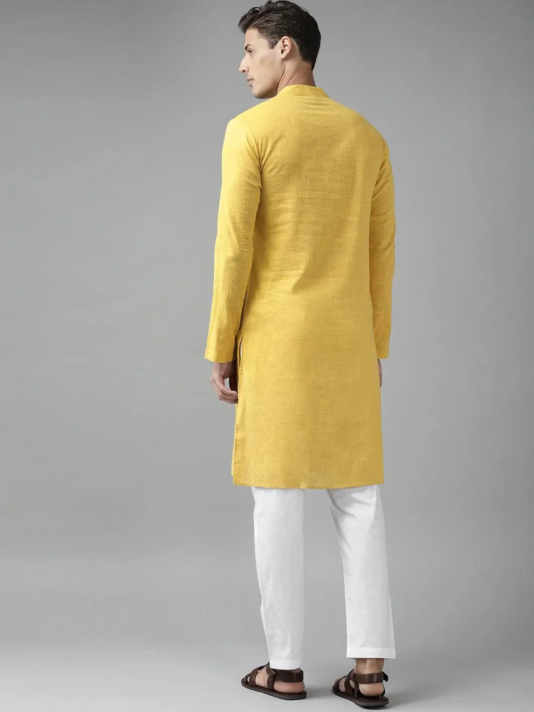 Fabmade Men Yellow Cotton Linen Kurta