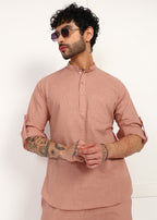 Fabmade Men’S Peach Linen Short Kurta Set