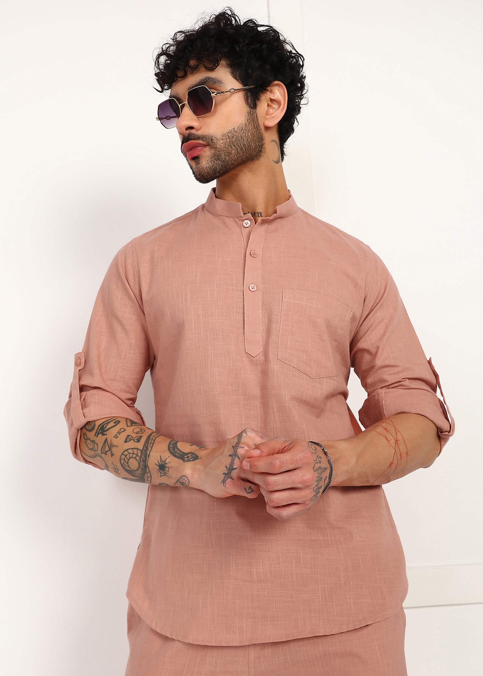Fabmade Men’S Peach Linen Short Kurta Set