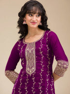 The52 Beautiful Embroidered Vichitra Silk Fabric Straight Kurta, Palazzo and Dupatta Set - Distacart