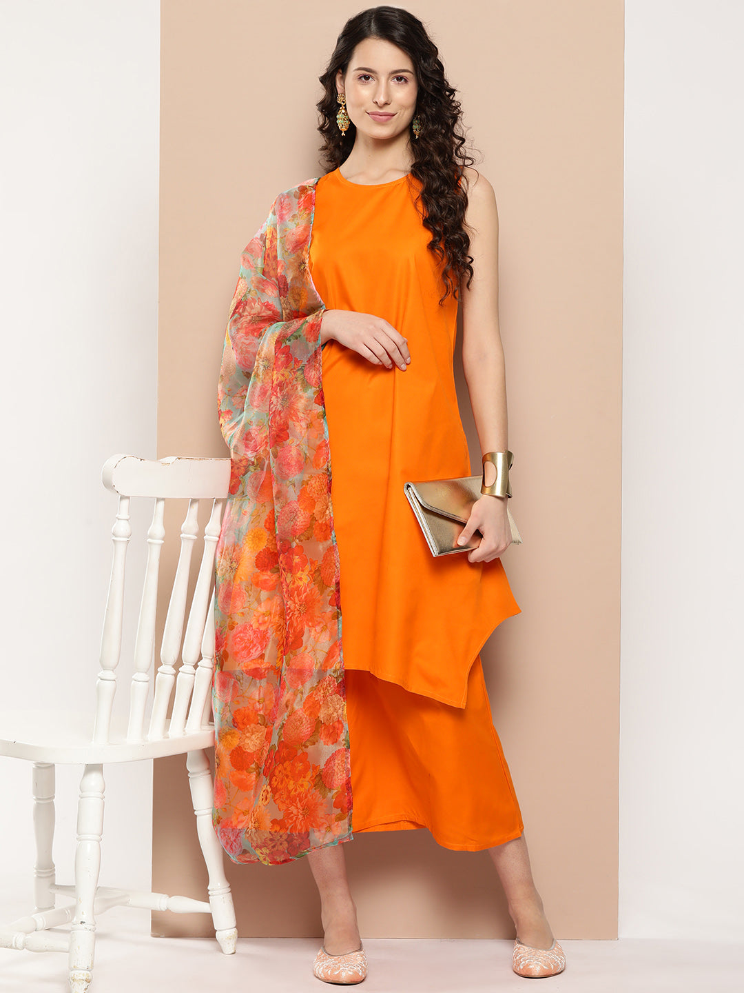 InWeave Women's Tangy Orange Short Pallazo Set W Green Or Dupatta