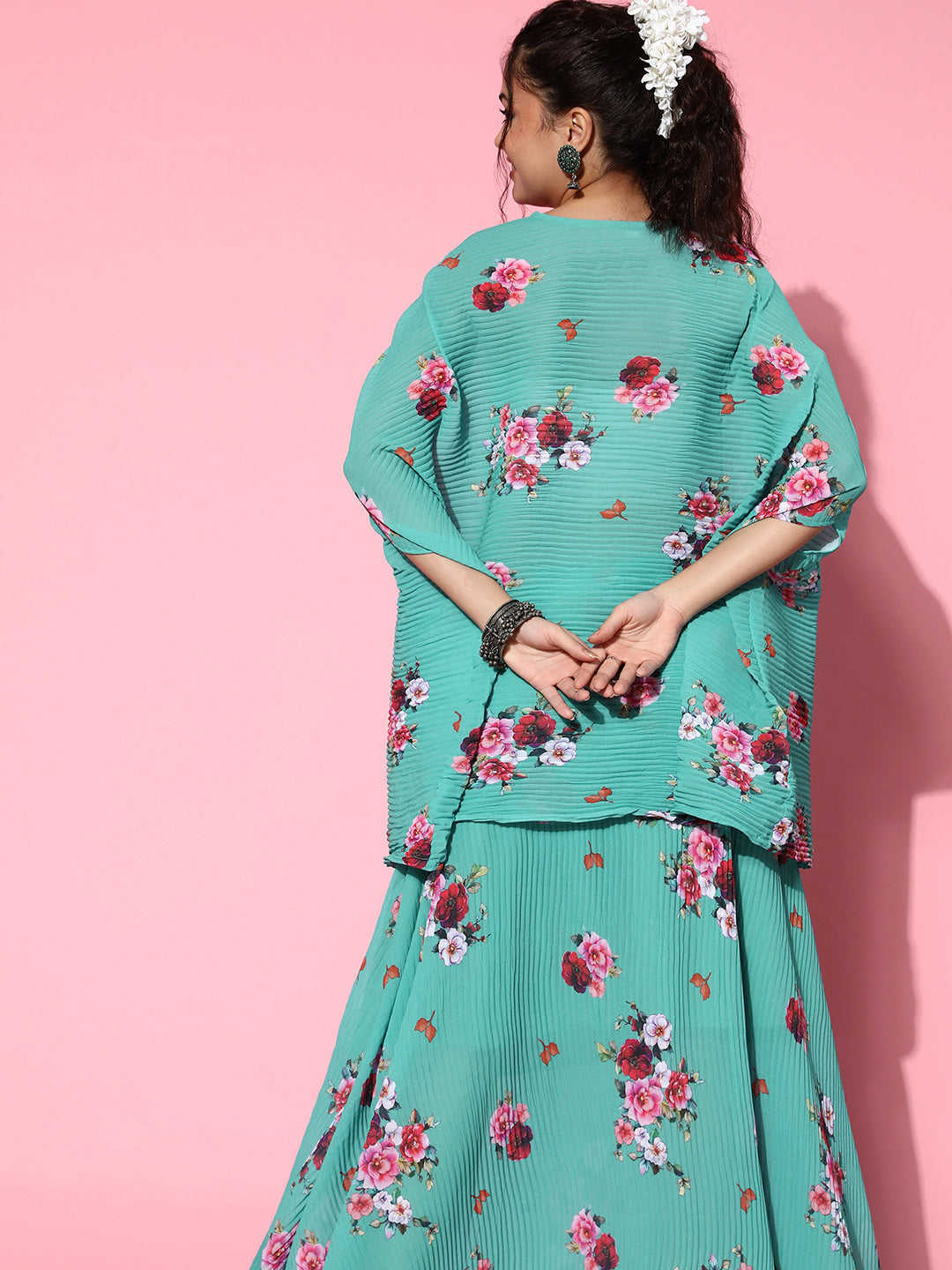InWeave Women's Blue Floral Print Pleated Kaftan Top