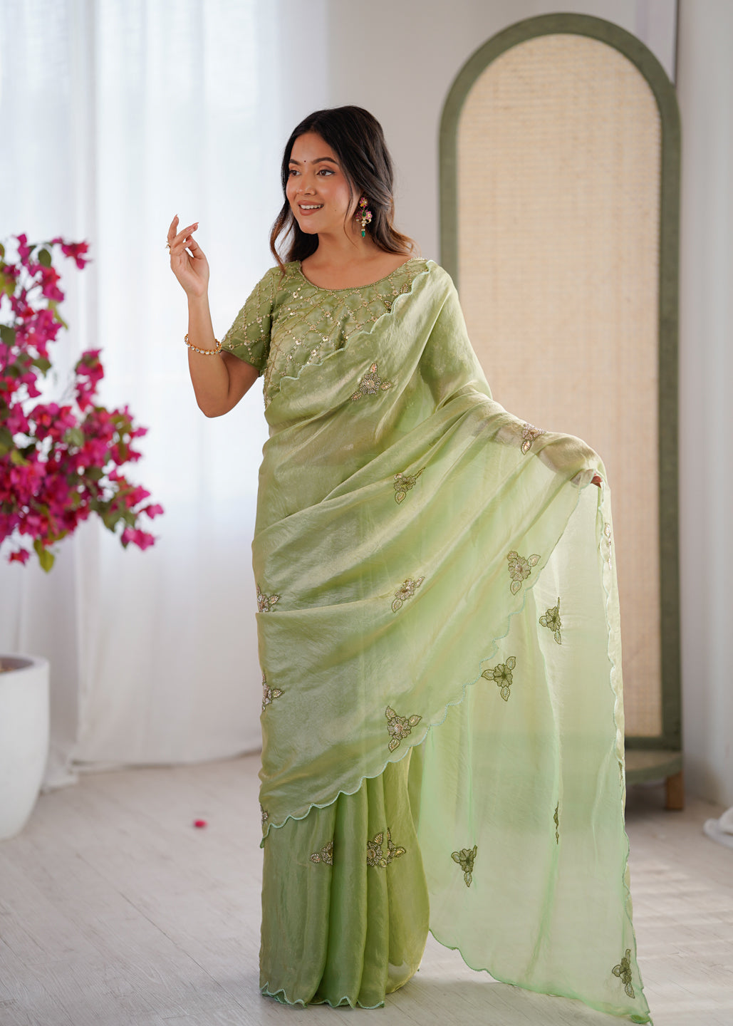 Evanik Designer Heavy Fendy Satin With Beads Embroidered Work Saree With Unstitched Blouse - Distacart