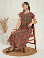 InWeave Women's Green Red Mughal Kalamkari A Line Dress - Distacart