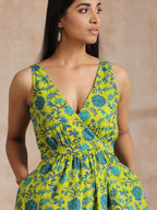 trueBrowns Lime Green Overall Teal Floral Block Print Cotton Sleeveless Wrap Dress - Distacart