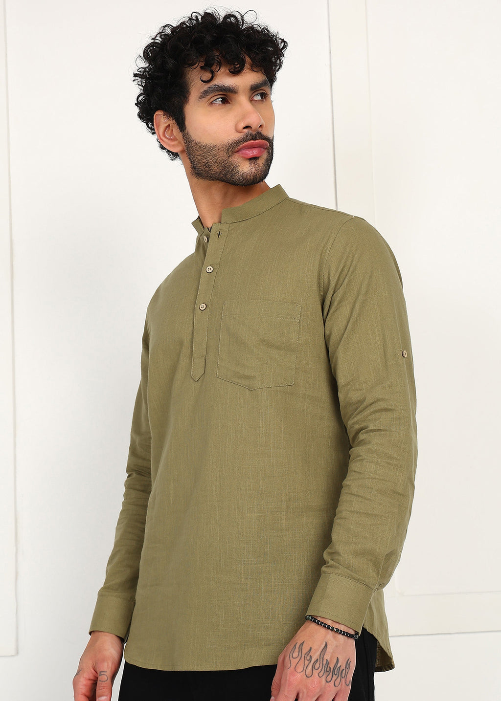 Fabmade Olive Root Linen Short Kurta