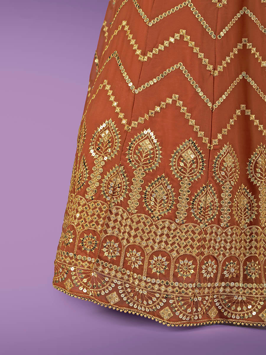 Myra Orange Georgette Embroidered Designer Lehenga