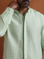 trueBrowns Men's Green Sequin Chanderi Kurta