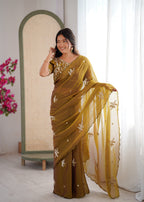 Evanik Mehendi Mos Silk With Handwork Butterfly Design Saree With Unstitched Blouse - Distacart