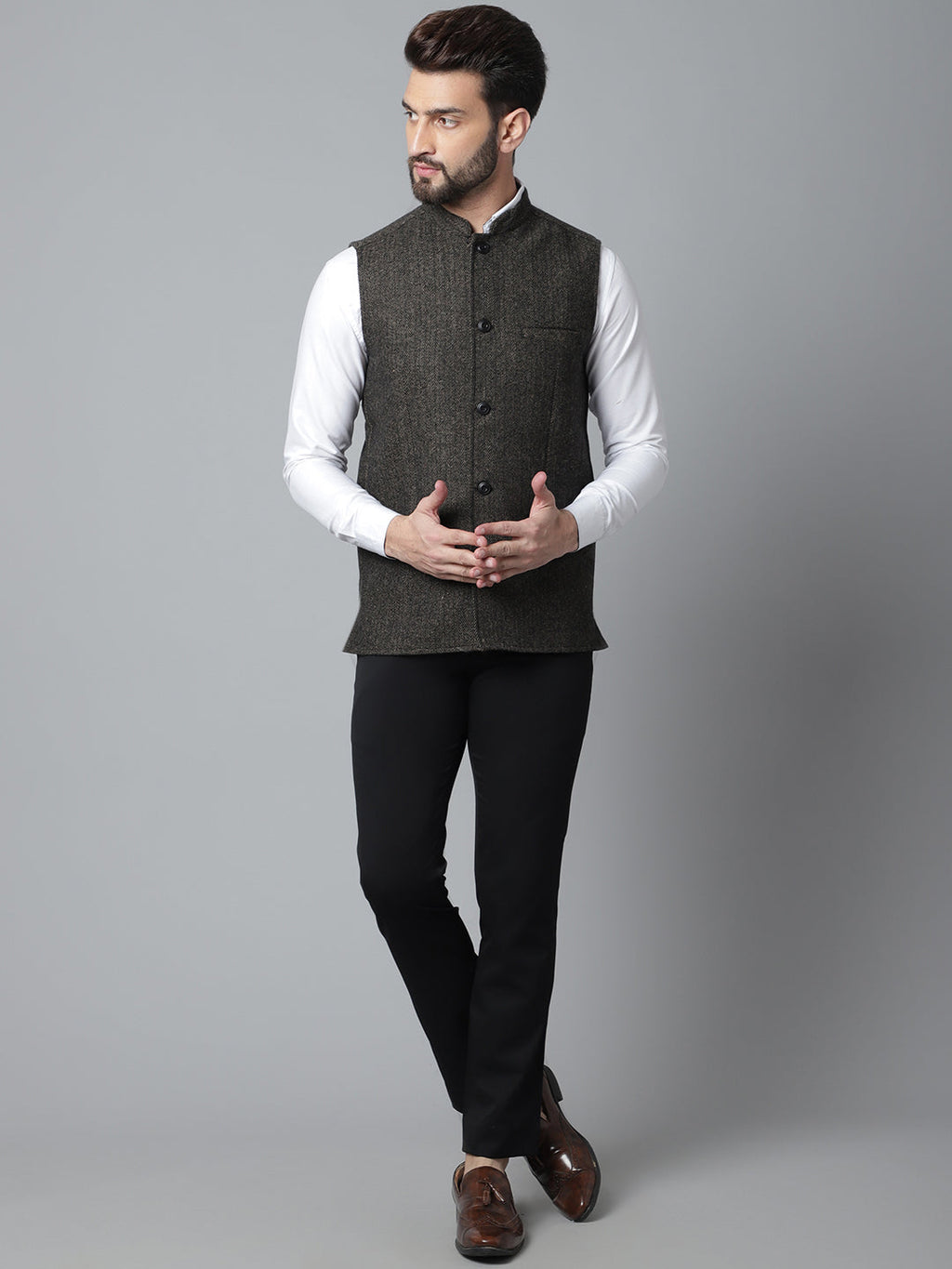 Even Apparels Men's Brown Pure Wool Nehru Jacket