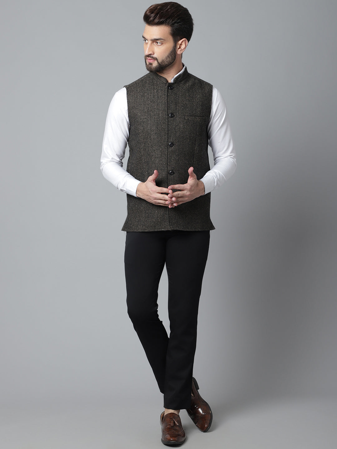 Even Apparels Men's Brown Pure Wool Nehru Jacket