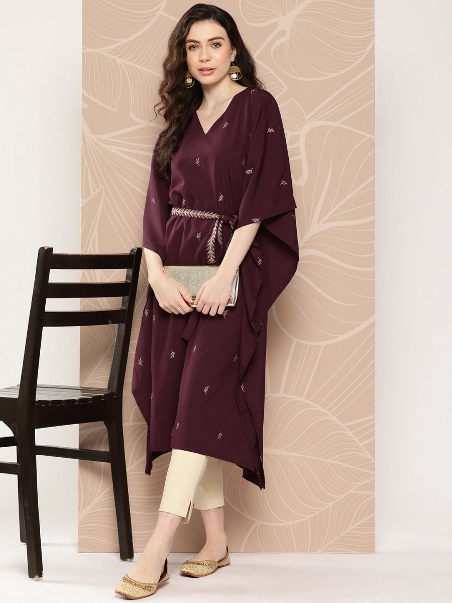 Ahalyaa Women Floral Printed Flared Sleeves Belted Detail Crepe Kaftan Kurta - Distacart