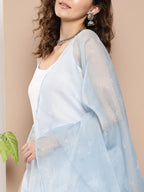 InWeave Women's Cream Strappy With Blue White Chintz Organza Dupatta