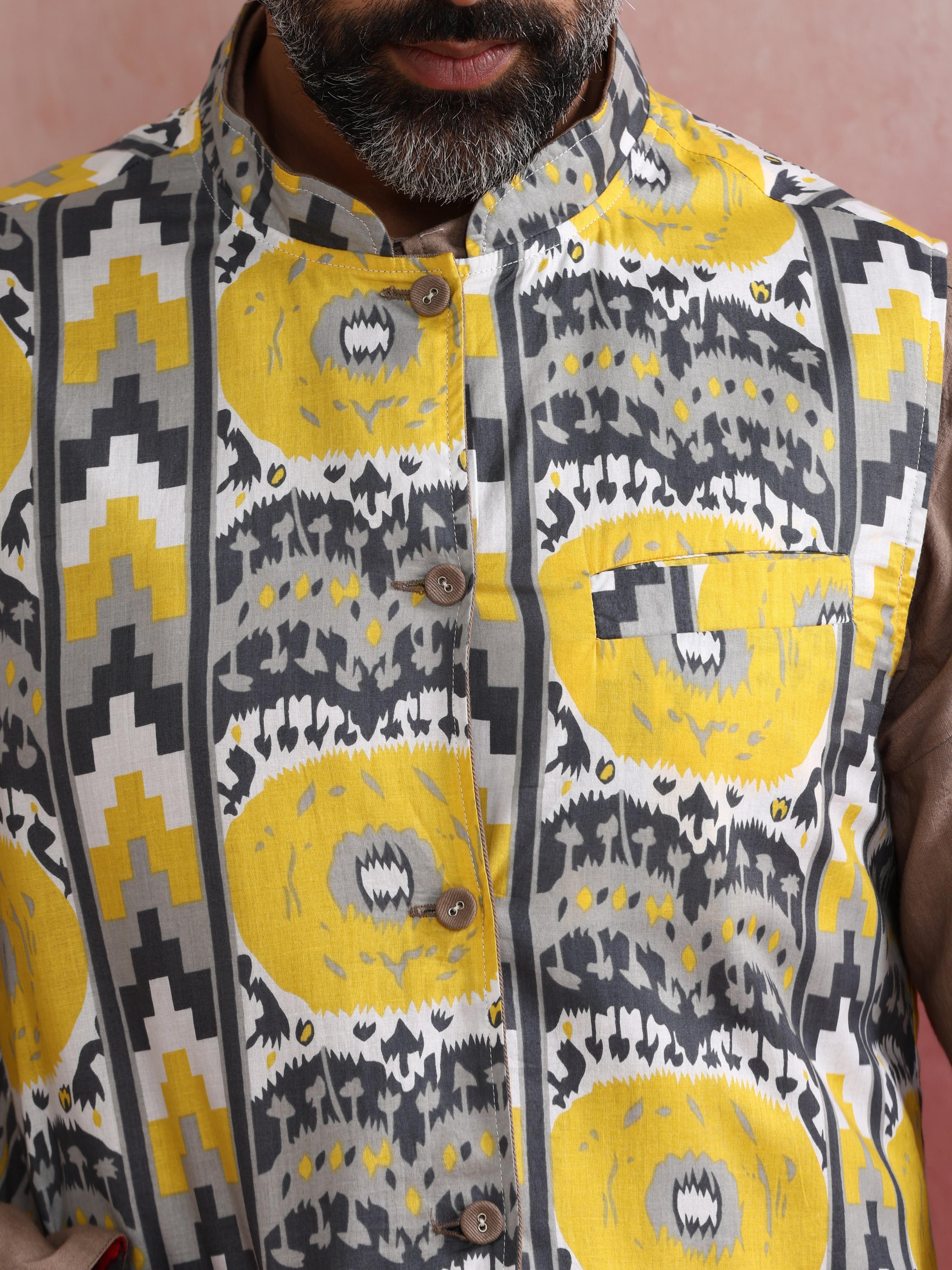 trueBrowns Men's Grey Ikat Print Cotton Reversible Nehru Jacket