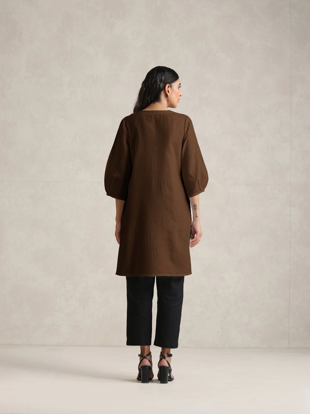 trueBrowns Brown Cotton Blend Short Kurta - Distacart