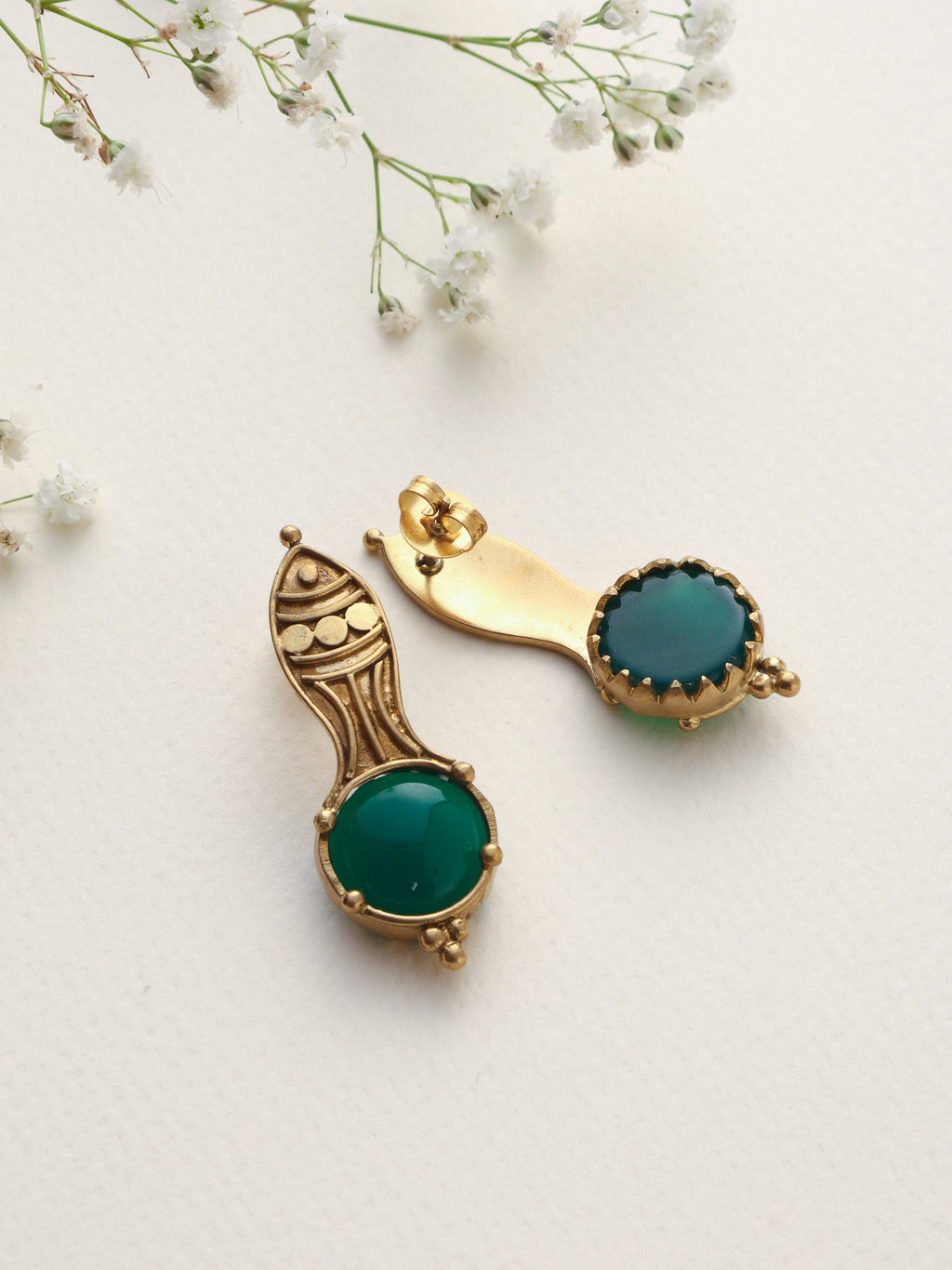 trueBrowns Brass Green Stone Abstarct Earrings - Distacart