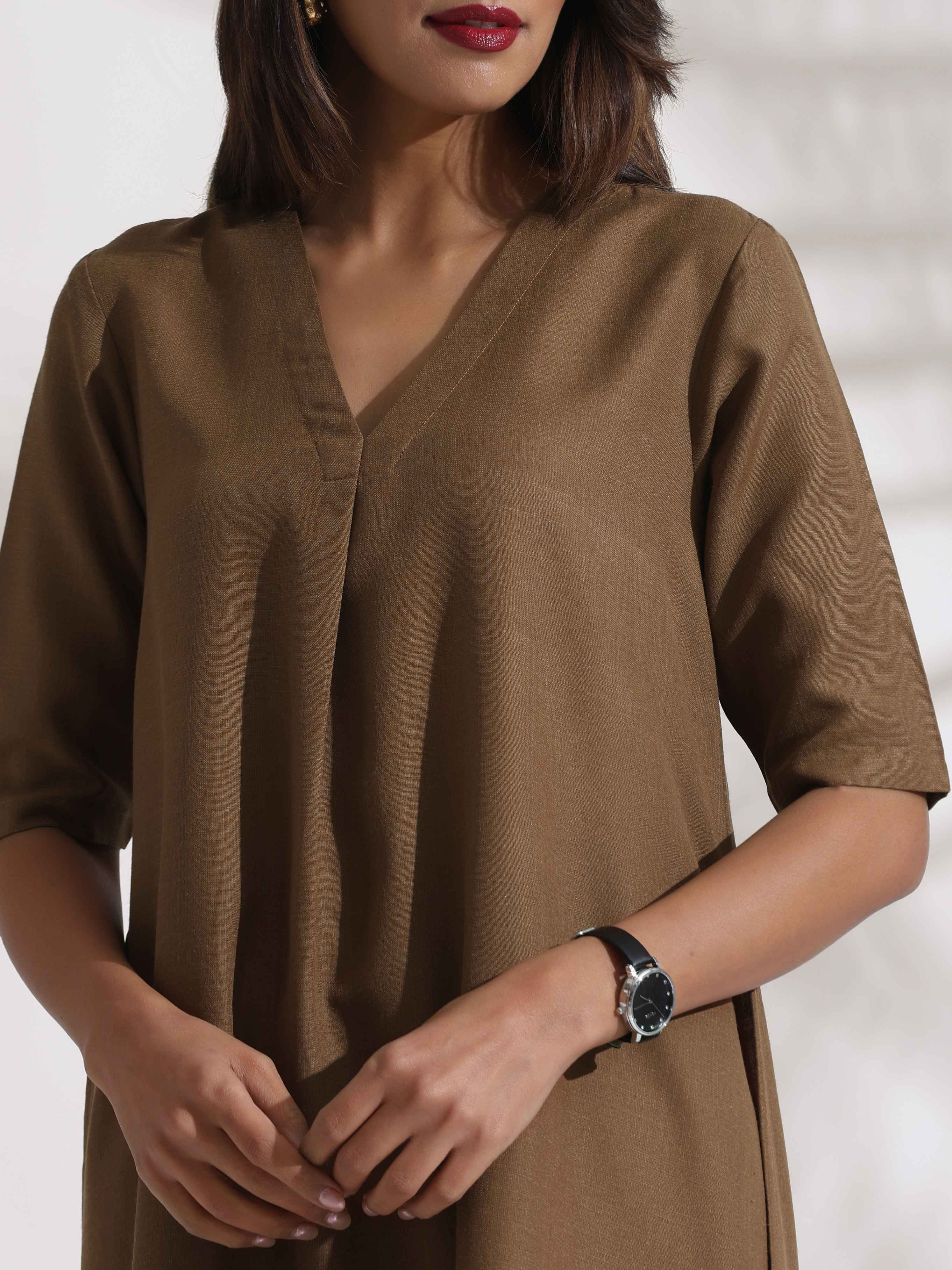 trueBrowns Brown Slub Highslit Kurta Set - Distacart