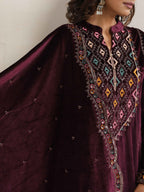 trueBrowns Purple Velvet Geometric Embroidered Kurta Pant Dupatta Set - Distacart