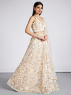 House of Panchhi Cream Net Sequins, Mirror And Thread Embroidery Lehenga Choli & Dupatta