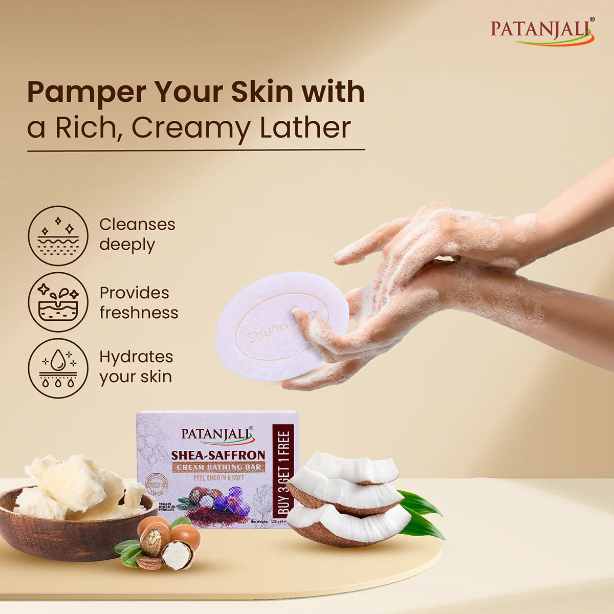 Patanjali Shea- Saffron Cream Bathing Bar 125g (B3 G1) - Distacart
