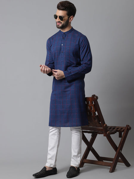 Even Apparels Blue Long Kurta With Band Collar