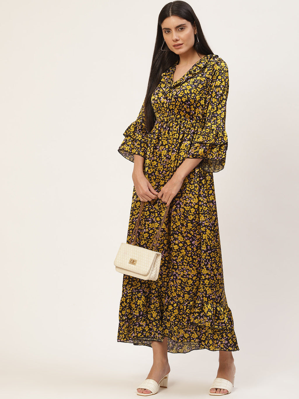 InWeave Women's Mustard Print Ruffled Dress - Distacart