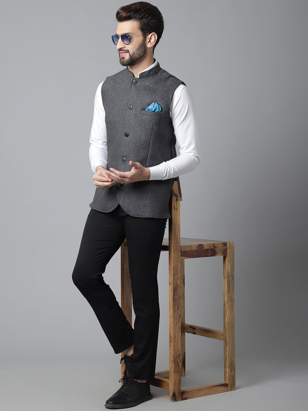 Even Apparels Men's Grey Pure Wool Nehru Jacket