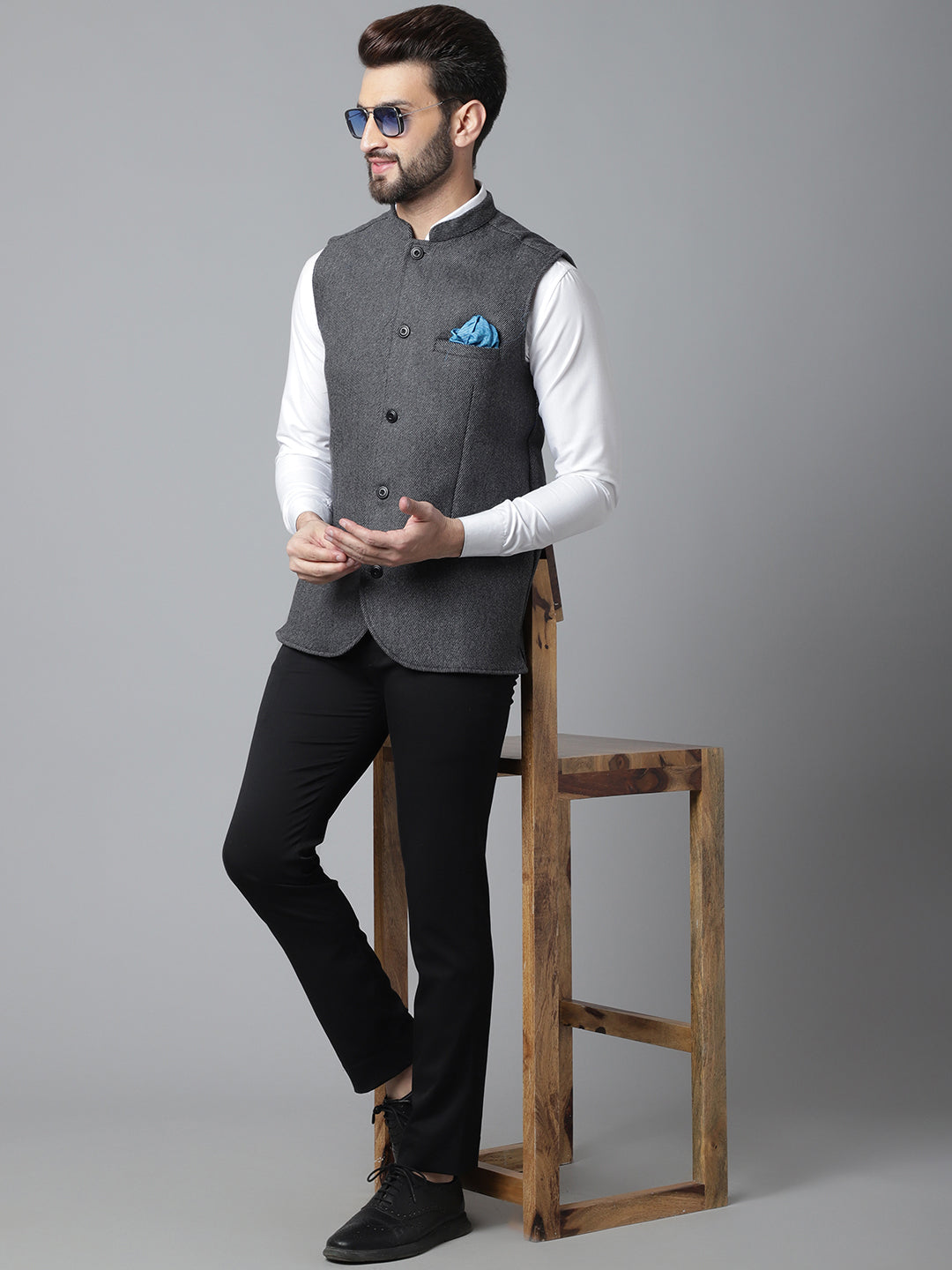 Even Apparels Men's Grey Pure Wool Nehru Jacket