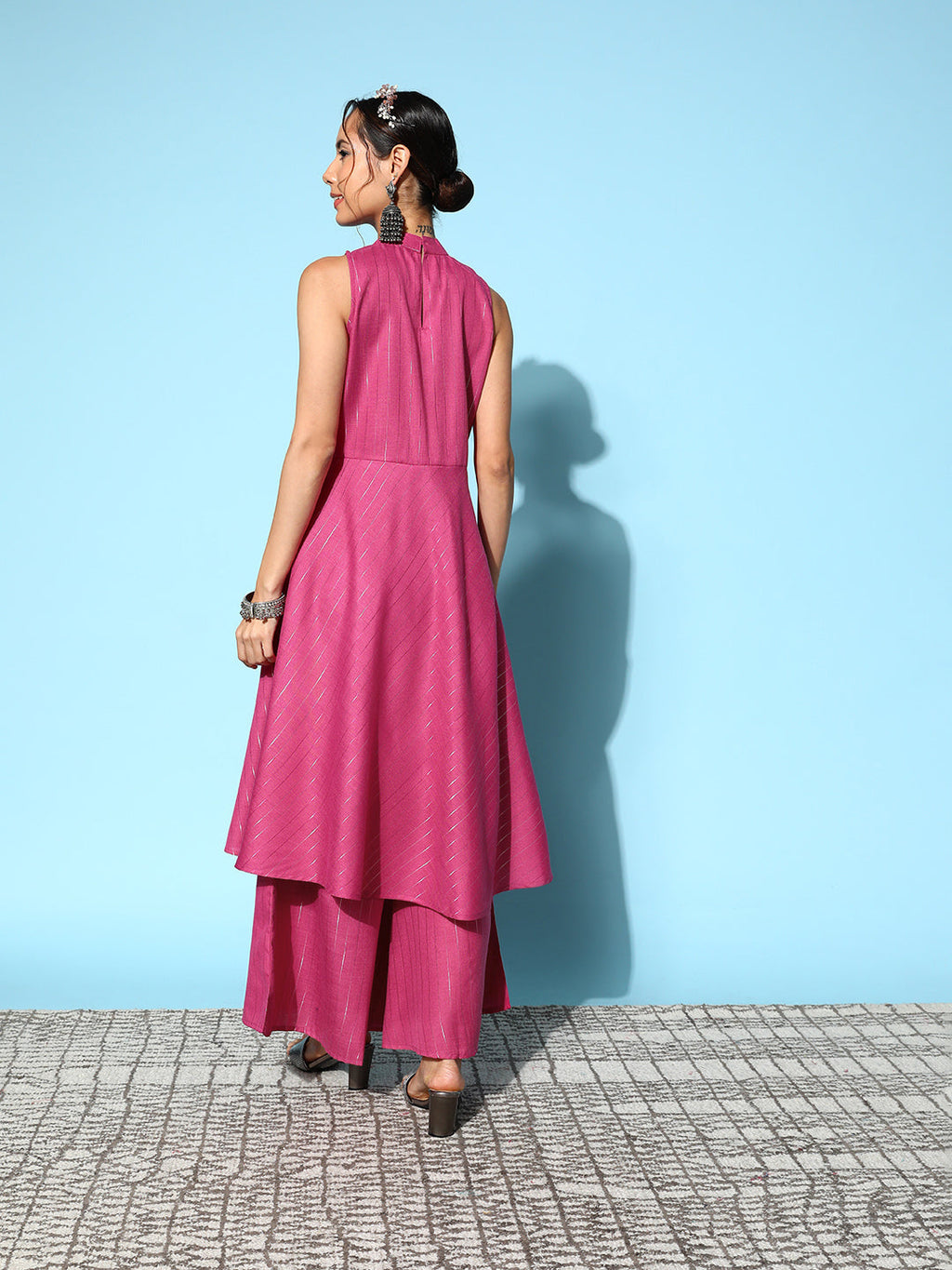 InWeave Women's Pink Lurex Boho Sleevless Kurta Set