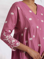 trueBrowns Pink Cotton Floral Embroidered Flared Kurta Set - Distacart
