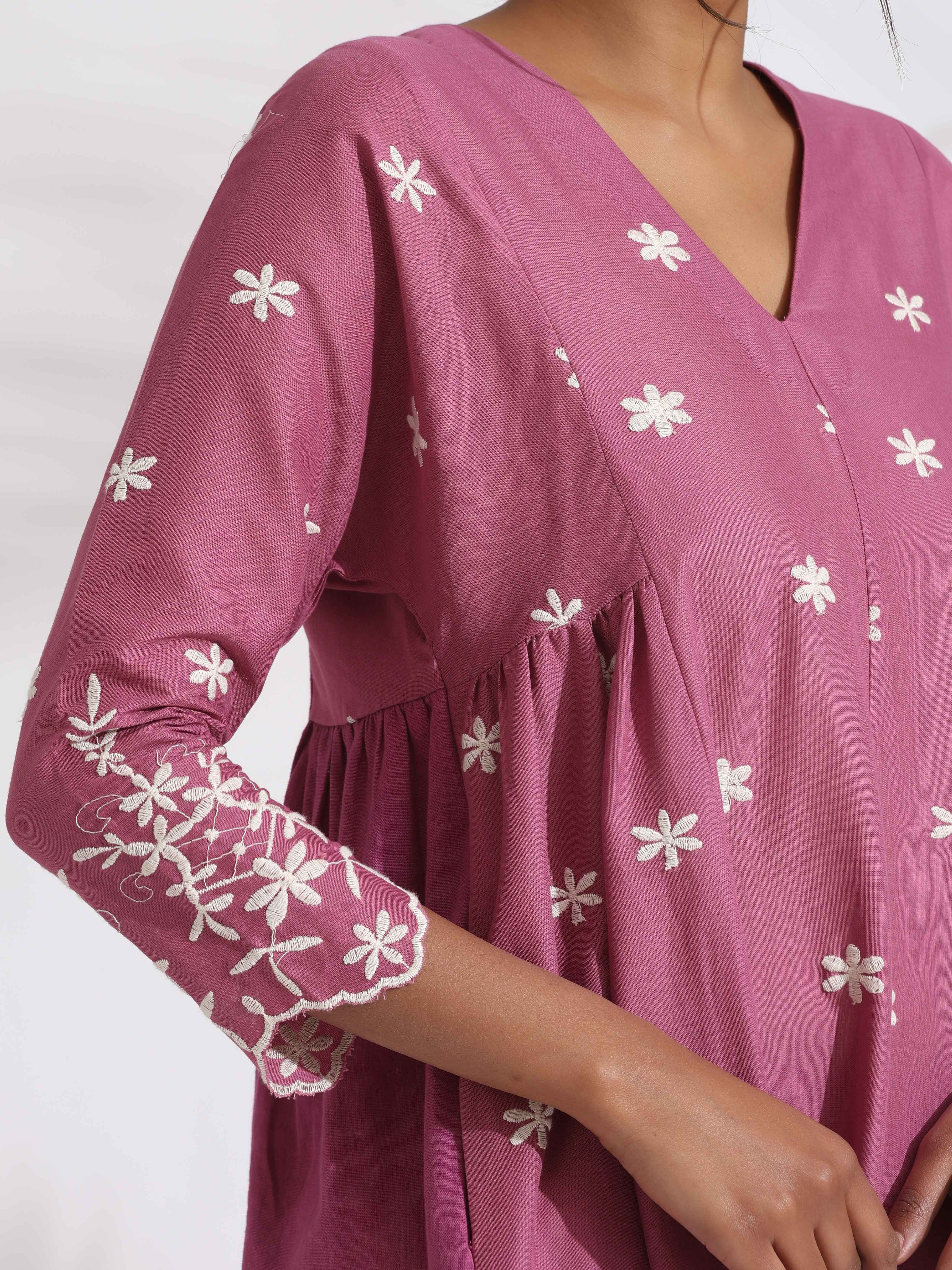 trueBrowns Pink Cotton Floral Embroidered Flared Kurta Set - Distacart