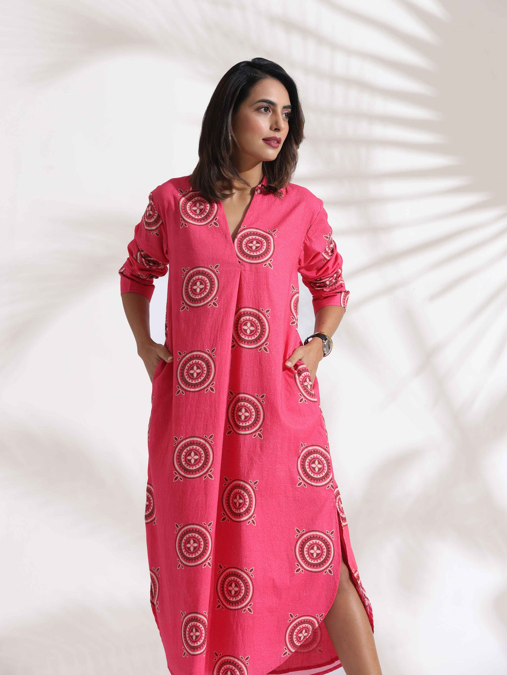 trueBrowns Pink Cotton Print A-line Dress - Distacart