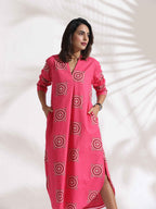 trueBrowns Pink Cotton Print A-line Dress - Distacart