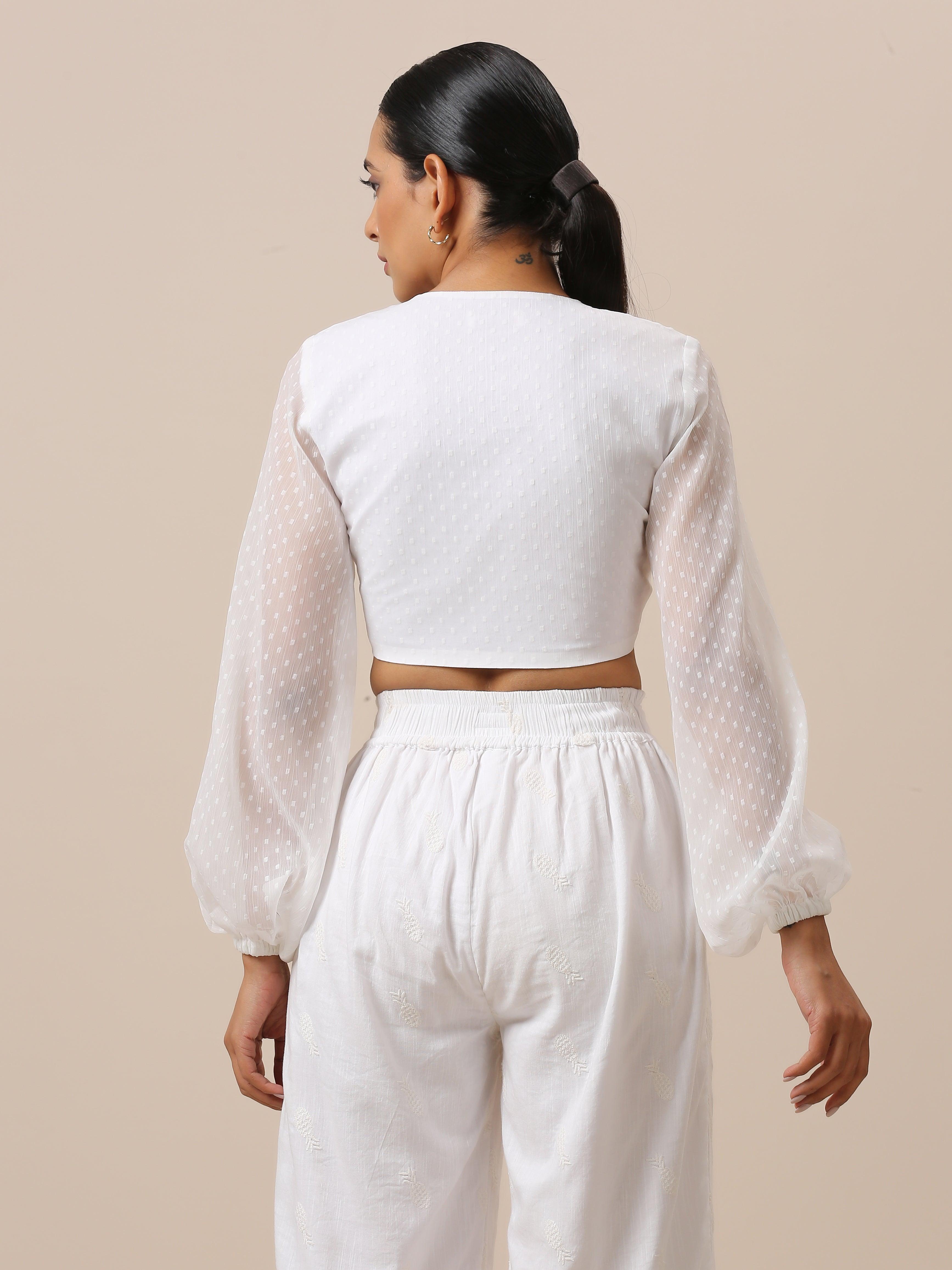 trueBrowns Chiffon White Dobby Tie Up Top