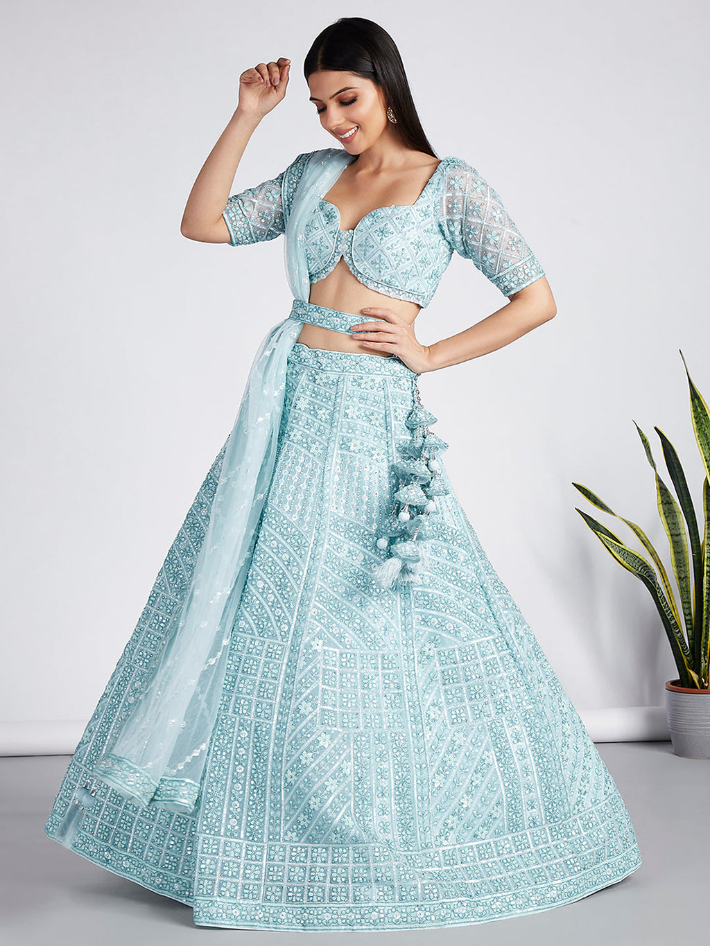 House of Panchhi Turquoise Blue Net Sequins, Zarkan And Thread Embroidery Lehenga Choli & Dupatta