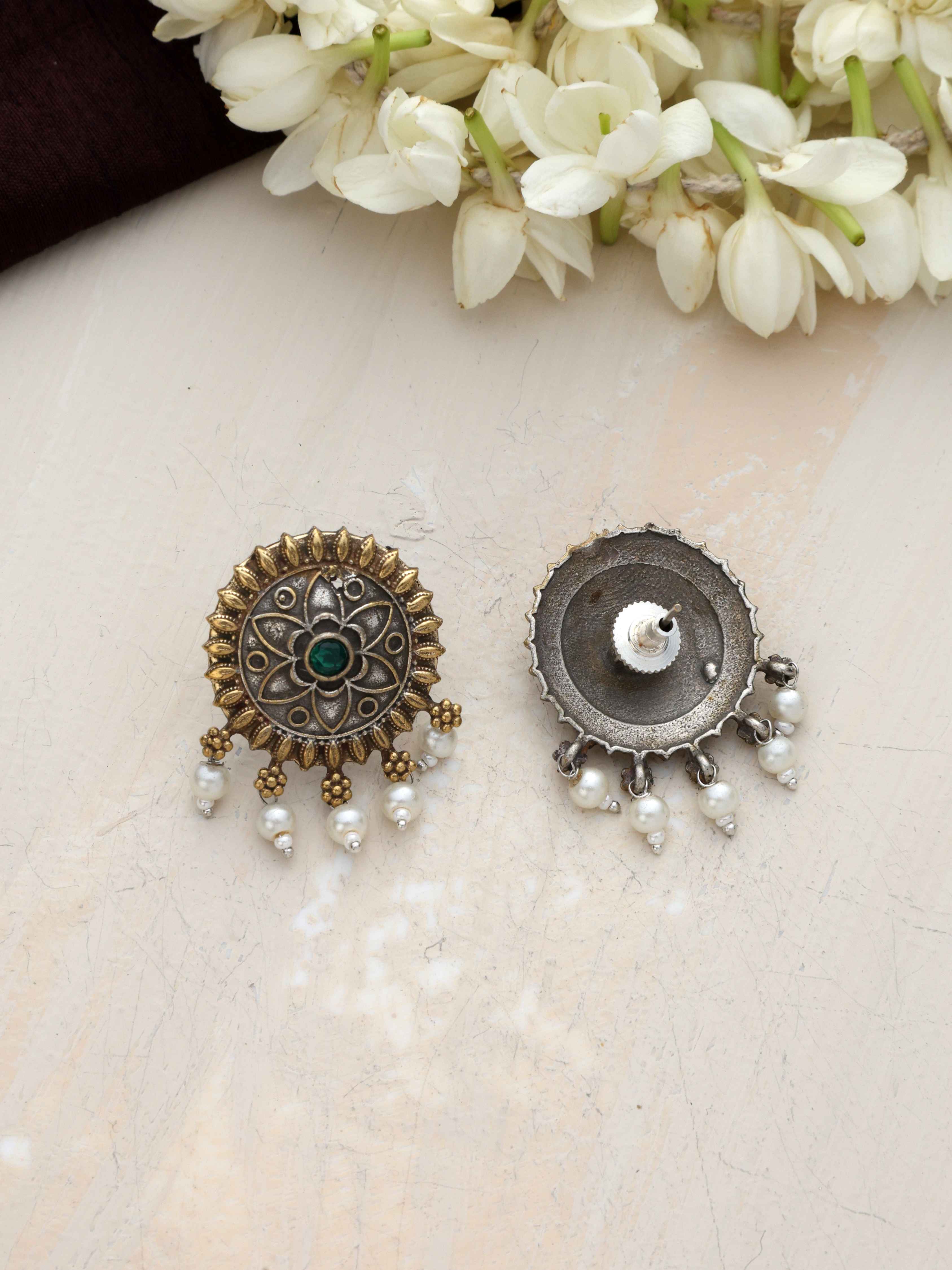 trueBrowns Silver Gold Tone Floral Stud Earrings - Distacart