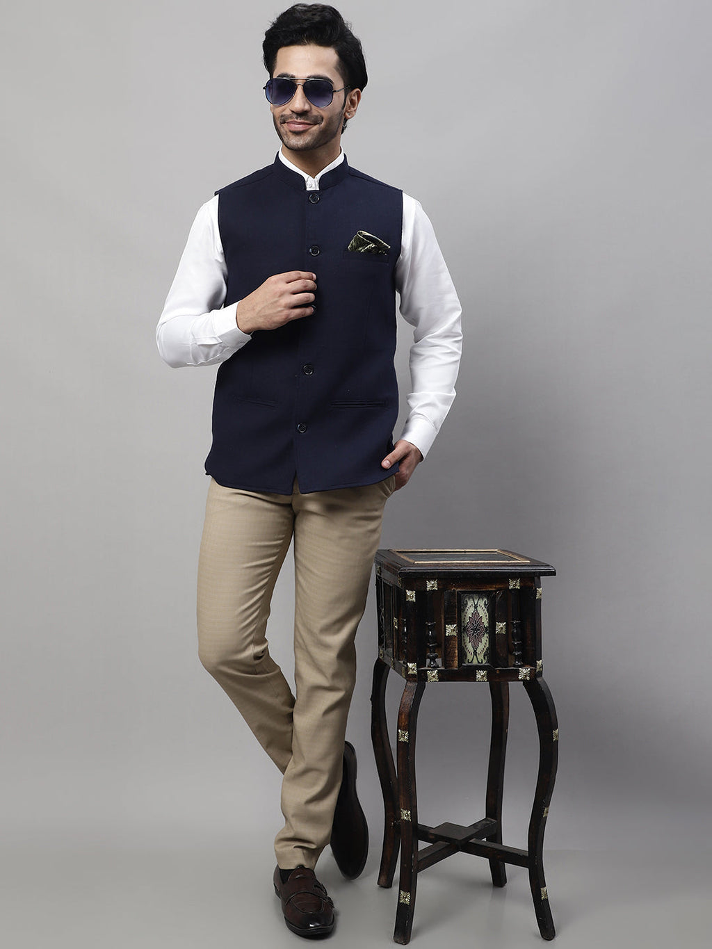 Even Apparels Men's Blue Pure Wool Nehru Jacket